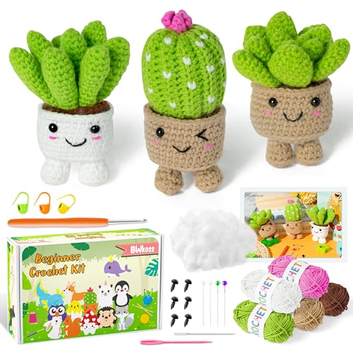 WATINC 20 Stück Häkelset für Anfänger Beginner Kakteen Komplett Häkelpaket Set Starter Häkelpacket mit Anleitung und Video Strickzubehör Häkel Set DIY Handwerk Geschenk für Erwachsene Kinder von WATINC