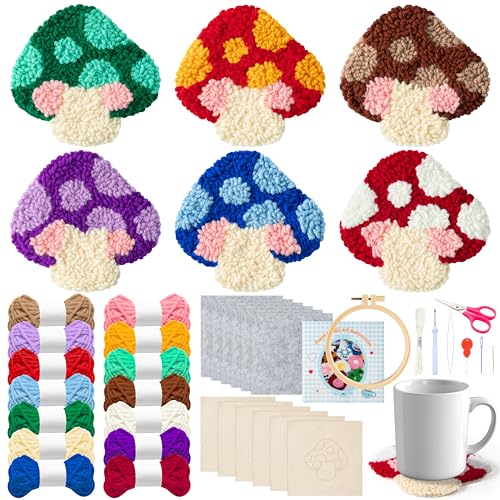 WATINC Craft Punch Needle Untersetzer Kit mit Pilzmuster DIY Bastelpackung Punch Needle Set Stickerei Starter kit für Anfänger Easy Embroidery Coaster Art and Crafts Coaster von WATINC