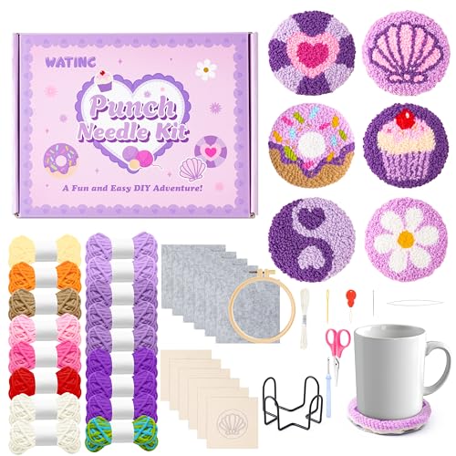 WATINC Punch Needle Untersetzer Kit DIY Handwerk Poke und Stick Stickerei Kit Coasters Mit Farbe Box für Erwachsene Anfänger zu Lernen Stickerei Kunsthandwerk (2# Lila) von WATINC