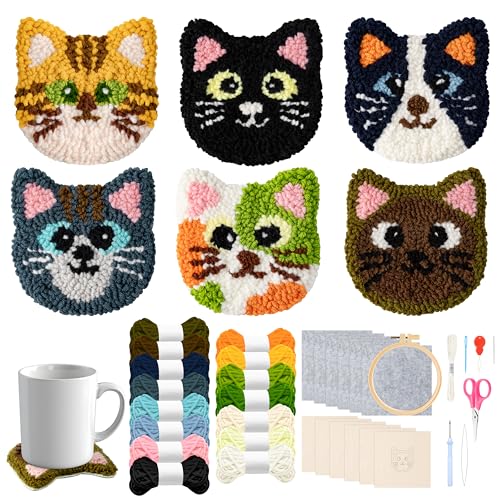 WATINC Punch Needle Untersetzer Kit Punch Needle Untersetzer Kit Katze DIY Handwerk Stickerei Kit Easy Embroidery für Anfänger Coaster Kunst und Handwerk Needle Coaster von WATINC