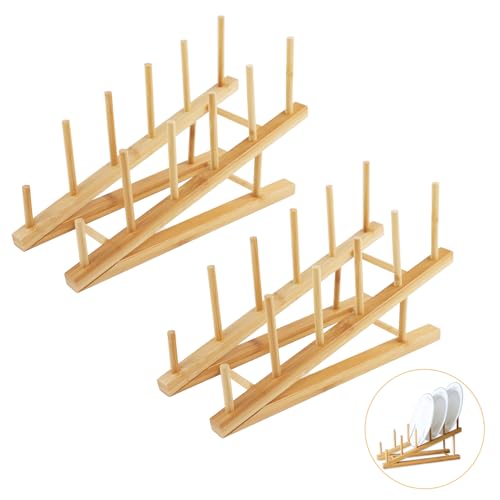 WATUNID 2 Stück Tellerständer Holz, 5 Slots Bambus Tellerhalter, Küche Holz Abtropfbrett Teller Ständer, Geschirrabtropfgestell, Küchenschrank Organizer für Aufbewahrung CD Geschirr Buch Weinglas von WATUNID