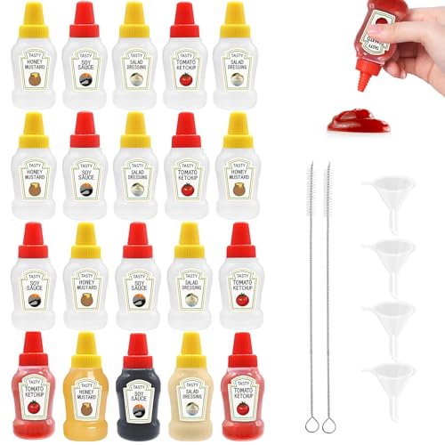 WATUNID 20 Stück Min Squeeze Flaschen, 25ml Ketchup Flasche mit 4 Stück Trichter und 2 Stück Kleine Reinigungsbürste, Kunststoff Tragbarer Quetschflasche, Saucenflasche Für BBQ, Dressing von WATUNID