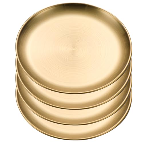 WATUNID 4 Stück Edelstahl Rundes Geschirr, 20cm Gold Edelstahl Teller, Metallteller Camping Teller, Unterteller Servierteller Servierplatte, Edelstahl Platzteller für Camping, Küche, Party von WATUNID