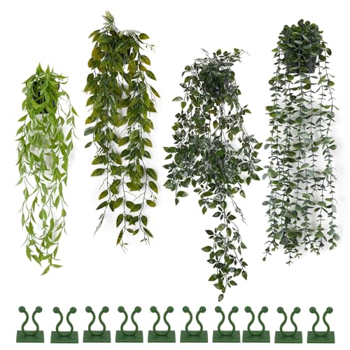 WATUNID 4 Stück Hängepflanze Künstlich mit Töpfen, Künstliche Pflanzen mit 10 Stück Pflanzenclips, Kunstpflanze Hängend Grünpflanze, Plastikpflanzen Deko für Indoor Outdoor Garten Wanddekoration von WATUNID