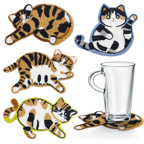 WATUNID 4 Stück Katze Untersetzer, Niedlich Gestrickte Untersetzer für Katzenliebhaber, Kreativer Getränke-Untersetzer, Gewebt Isolierung Kaffee- und Tee-Untersetzer für Haus Bar Büro Tischdekoration von WATUNID