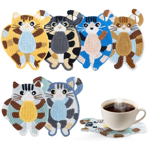 WATUNID 6 Stück Katze Untersetzer, Niedlich Gestrickte Untersetzer für Katzenliebhaber, Kreativer Getränke-Untersetzer, Gewebt Isolierung Kaffee- und Tee-Untersetzer für Haus Bar Büro Tischdekoration von WATUNID
