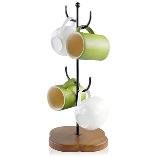 WATUNID Becherhalter Baum, Kreative Kaktus Formen Tassenhalter, Abnehmbare Tassenständer, Dicker Basis Kaffeebecher Becher Halter mit 4 Haken, Küchentheke Tabletop Kaffeetassenregal für Küche, Café von WATUNID