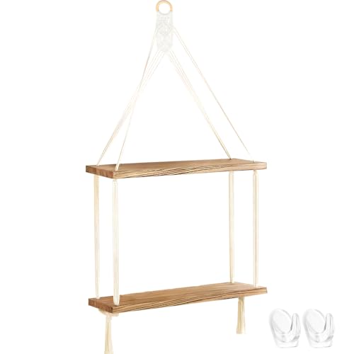 WATUNID Hängeregal mit Seil, 2 Ebenen Vintage Hängeregal Holz mit 2 Haken, 80cm Makramee Wandbehang Boho Deko, Chic Wand Storage Regal für Wohnzimmer, Bad, Schlafzimmer, Pflanzen Stand Display von WATUNID