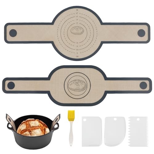 WATUNID Oval und Rund Silikon Backmatte für Dutch Oven, Wiederverwendbare Brotschlinge Brotbackblech Liner mit 4 Schaber & Bürste, Langen Griffen Brot Backen Zubehör für Teig Macarons Kekse Brot von WATUNID