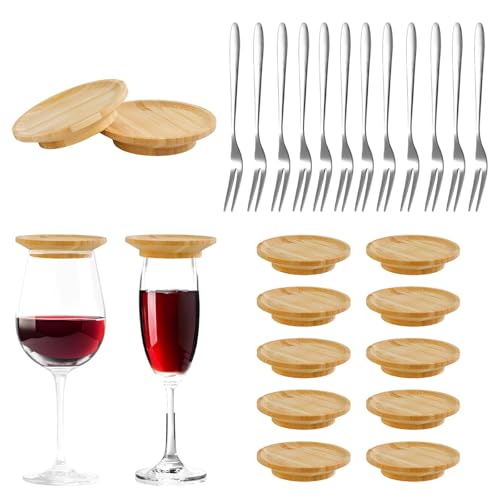 WATUNID Weinglas Charcuterie Board, 12Pcs Bambus Weinglas Topper mit 12PC Edelstahl Obst Gabeln, Weinglas Topper Untersetzer für Familie Versammlung Party Vorspeisenteller Dessertteller Glas von WATUNID