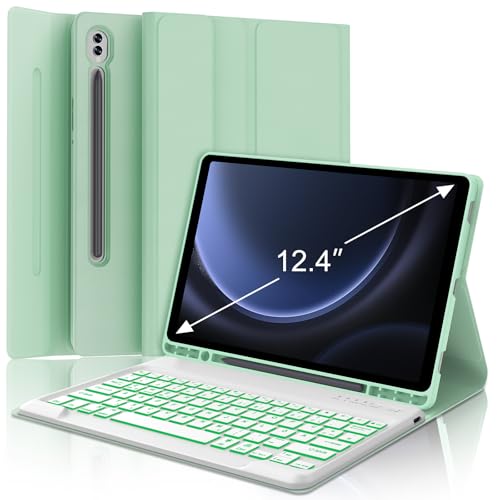 WAVATA Tastatur für Samsung Galaxy Tab S10+ 2024/S9 FE+/S9 Plus 12.4"mit Beleuchtung, Hülle mit Tastatur für Samsung Tab S10 Plus Magnetische Abnehmbar Deutsches QWERTZ Layout, Grün von WAVATA