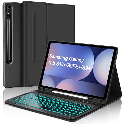 WAVATA Tastatur für Samsung Galaxy Tab S10+ 2024/S9 FE+/S9 Plus 12.4"mit Beleuchtung, Hülle mit Tastatur für Samsung Tab S10 Plus Magnetische Abnehmbar Deutsches QWERTZ Layout, Schwarz von WAVATA
