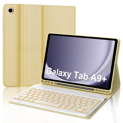 WAVATA Tastatur für Samsung Galaxy Tab A9+ Plus 11" 2023 mit Beleuchtete, Hülle mit Tastatur für Samsung Tab A9 Plus 2023 Magnetische Bluetooth Abnehmbare QWERTZ Layout, Gelb von WAVATA