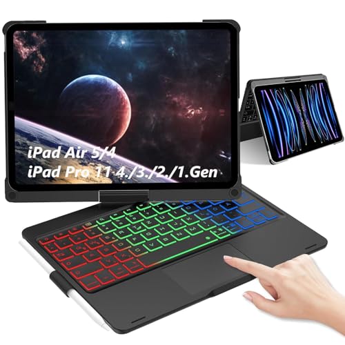 WAVATA Tastatur für iPad 10 Generation 2022/Air 5/4 Gen 2022/2020 10.9 Zoll Hülle mit Touchpad, 360° Drehbare Beleuchtete Tastatur für iPad Pro 11 4/3/2/1 Gen (2018-2022), QWERTZ Layout, Schwarz von WAVATA