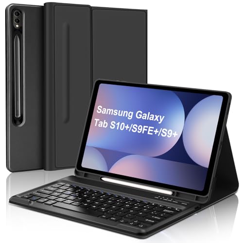 WAVATA Tastatur für Samsung Galaxy Tab S10+ 2024/S9 FE+/S9 Plus 12.4", Hülle mit Tastatur für Samsung Tab S10 Plus Keyboard Cover Magnetische Abnehmbar Bluetooth QWERTZ Layout, Schwarz von WAVATA