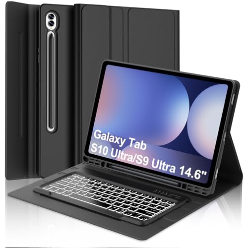 WAVATA Tastatur für Samsung Galaxy Tab S10 Ultra 2024/ S9 Ultra / S8 Ultra 14.6" mit Beleuchtung, Hülle mit Tastatur für Samsung Tab S9 Ultra Magnetische Abnehmbar Deutsches QWERTZ Layout, Schwarz von WAVATA