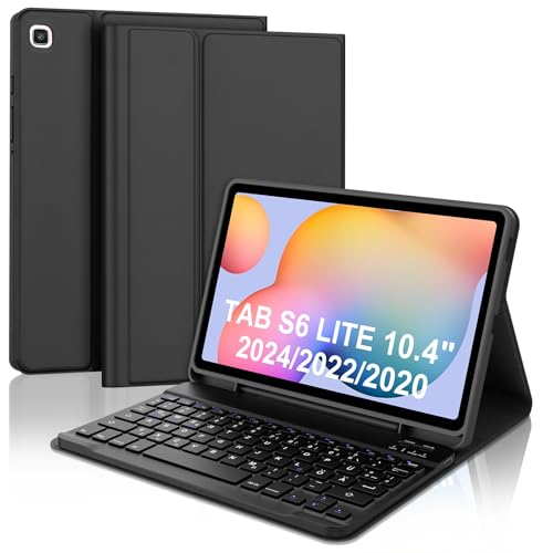 WAVATA Tastatur für Samsung Galaxy Tab S6 Lite 10.4" 2024/2022/2020, Hülle mit Tastatur für Samsung Tab S6 Lite Keyboard Cover Magnetische Abnehmbare Bluetooth QWERTZ Layout, Schwarz von WAVATA