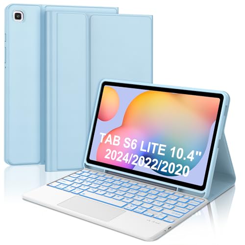 WAVATA Tastatur für Samsung Galaxy Tab S6 Lite 10.4" 2024/2022/2020 mit Touchpad, Hülle mit Tastatur für Tab S6 Lite Keyboard Cover Magnetische Beleuchtete Abnehmbare Bluetooth QWERTZ Layout, Blau von WAVATA