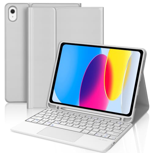 WAVATA Hülle Tastatur für iPad A16 11 Zoll 2025, iPad 10. Generation 2022 10.9" mit Touchpad, Magnetische Bluetooth Abnehmbare QWERTZ Layout, Hellgrau von WAVATA