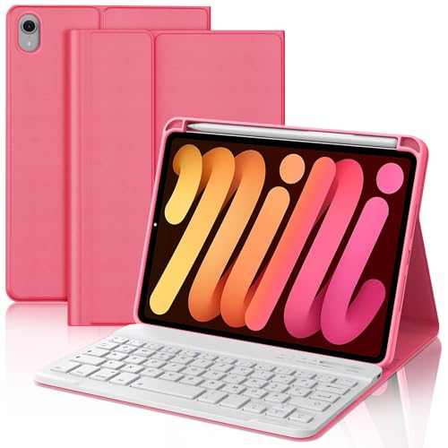 WAVATA Tastatur für iPad mini 7 2024 8.3" (A17 Pro), Hülle mit Tastatur für iPad mini 6 2021 Magnetisch Abnehmbare Bluetooth Kabellose QWERTZ Layout, Begonia rot von WAVATA