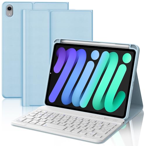 WAVATA Tastatur für iPad mini 7 2024 8.3" (A17 Pro), Hülle mit Tastatur für iPad mini 6 2021 Magnetisch Abnehmbare Bluetooth Kabellose QWERTZ Layout, Blau von WAVATA