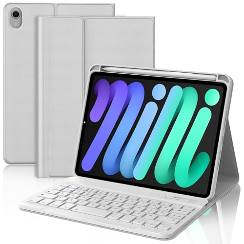WAVATA Tastatur für iPad mini 7 8.3" 2024 (A17 Pro), Hülle mit Tastatur für iPad mini 6 2021 Magnetisch Abnehmbare Bluetooth Kabellose QWERTZ Layout, Hellgrau von WAVATA