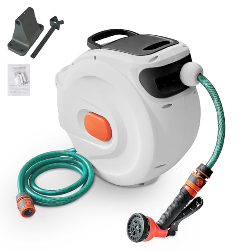 Schlauchtrommel Gartenschlauch Trommel 20m, Schlauchbox Wandmontage 180° Schwenkbar Wandschlauchbox RollUp, Gartenschlauch Aufroller with 8-functions Sprühdüse von WAVESKY