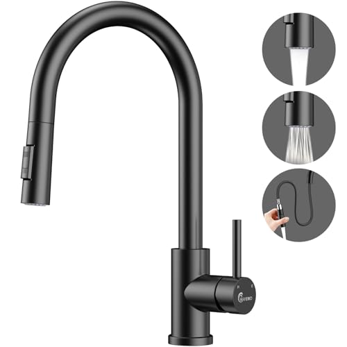 WAVEWO Wasserhahn Küche Schwarz, Küchenarmatur mit Brause Ausziehbar mit 2 Strahlarten, Spültischarmatur Hochdruck Armatur Küchen 360° Schwenkbar, Einhebel Mischbatterie Küche Edelstahl, Mattschwarz von WAVEWO