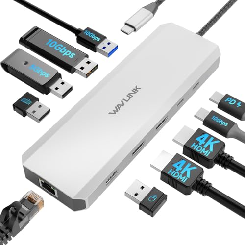 Laptop Docking Station, WAVLINK 10G USB C Hub mit Dual HDMI, 100W PD IN, 10Gbps USB-A/C 3.2, 5Gbps USB-A, USB2.0, Gigabit Ethernet für Dell/HP/Lenovo usw., nur für Windows Systerm Computer von WAVLINK