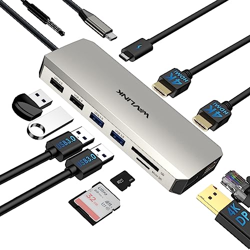 USB-C-Docking-Station für Zwei Monitore, WAVLINK-Docking-Station mit Zwei HDMI, DP, 100W PD, USB3.0&2.0, RJ45, SD/TF-Schlitzen, Audio/Mikrofon, kompatibel nur mit Windows-Computern von WAVLINK