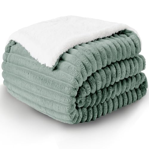 WAVVE Decke Sherpa Kuscheldecke Flauschig Grün - Extra Warme Dicke Weiche Grobe Kordecke Sofaüberwurf, Sofadecke Doppelgesicht, 150x200 cm XL Wolldecke Couchdecke Wohndecke von WAVVE