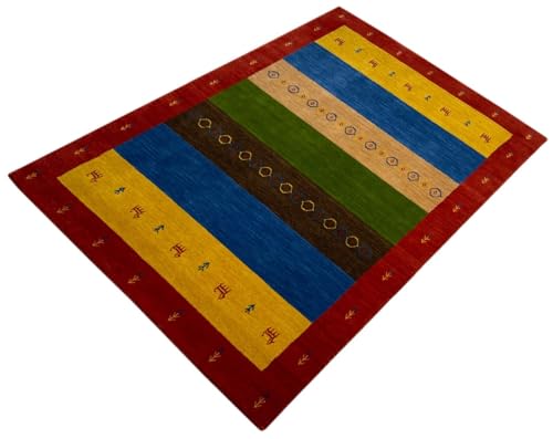 Bunt Gabbeh Teppich 100% Wolle 120x180 cm Rot Gold Blau Compatible with Orient Handgewebt BR12 von WAWA TEPPICH