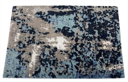 Handgefertigter Design Teppich 60x90 Blau Grau Bambus Seidenglanz R119 von WAWA TEPPICH