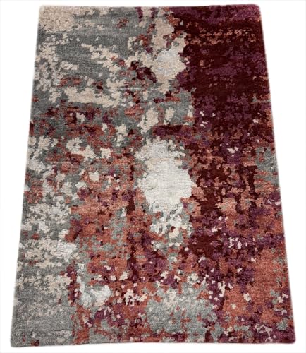 Handgefertigter Design Teppich 60x90 cm Grau Rot Multicolor Bambus-Seide R117 von WAWA TEPPICH