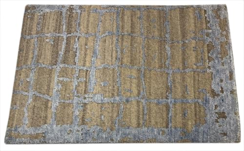 Handgeknüpfter Design Teppich 60x90 Beige Blau Wolle Bambus Seidenglanz R116 von WAWA TEPPICH