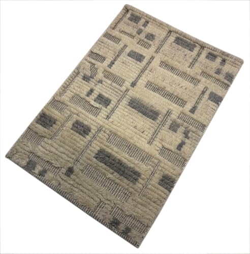 Handgeknüpfter Wollteppich 60x90cm Beige Grau Teppich Modern Design D796 von WAWA TEPPICH