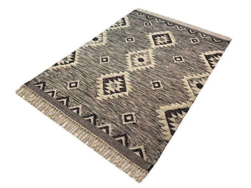 Kilim Teppich 100% Wolle Durry Beige Schwarz Kelim Orientteppich Handgewebt von WAWA TEPPICH