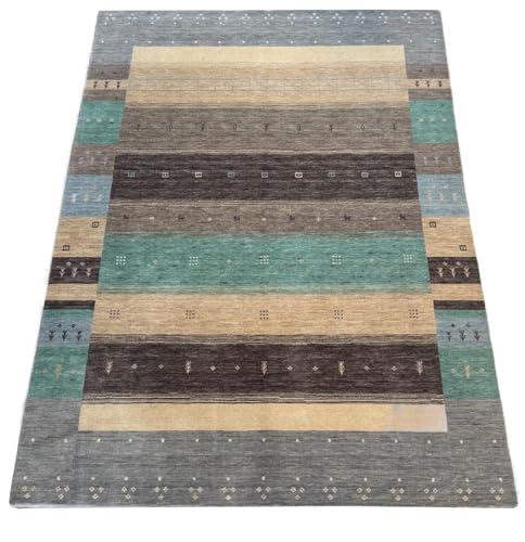 Moderner Gabbeh Teppich Wolle 170x240 cm Handgefertigt Naturtöne Streifen 46-53 von WAWA TEPPICH