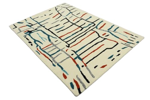 Wollteppich 120x180 Beige Bunt Marokko Muster Teppich Handgetuftet Modern HT313 von WAWA TEPPICH
