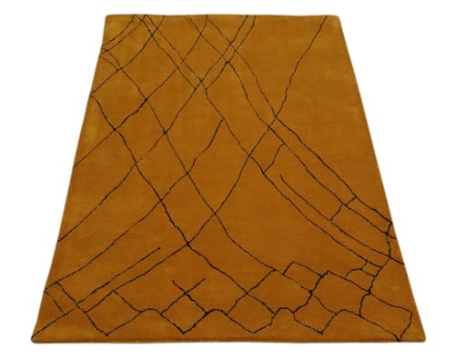 Wollteppich 120x180 Senfgelb Schwarz Modern Linien Teppich Handgetuftet HT308 von WAWA TEPPICH