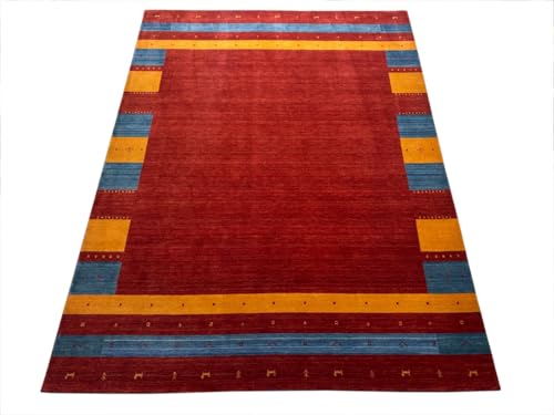 Wollteppich 250x350 Rot Blau Gelb Handgewebt Modern Unikat Compatible with Orient Teppich Br13 von WAWA TEPPICH