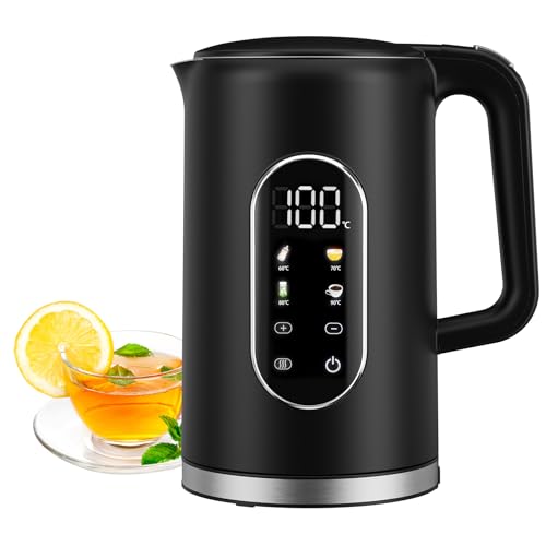 Wasserkocher, 1,7L 2200W Edelstahl Wasserkocher mit Temperatureinstellung, Farbdisplay, 40°-100°C einstellbar, 2H Warmhaltefunktion, Elektrisch Teekocher Doppelwand BPA frei für Büro Haushalt Schwarz von WAWORIO