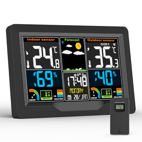 Wetterstation Funk mit Außensensor, Multifunktionale Funkwetterstation Digital Thermometer Hygrometer für Außen Innen Gewächshaus Haus Büro mit Wettervorhersage, DCF Funkuhr von WAWORIO