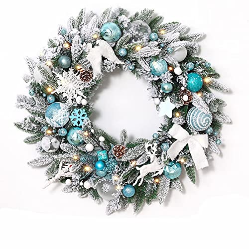 20 24" mit Licht Künstlicher Kranz mit Weihnachtskugel Tannenzapfen Blumenschleife, Weihnachtsdekor Kranz for Haustür Wandfenster(Blue White,20 inches) von WAWPU