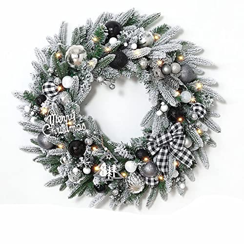 20 24" mit Licht Künstlicher Kranz mit Weihnachtskugel Tannenzapfen Blumenschleife, Weihnachtsdekor Kranz for Haustür Wandfenster(Grey Black,20 inches) von WAWPU