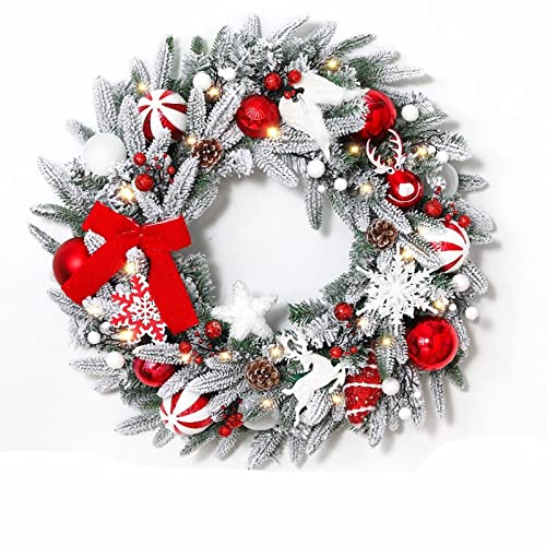 20 24" mit Licht Künstlicher Kranz mit Weihnachtskugel Tannenzapfen Blumenschleife, Weihnachtsdekor Kranz for Haustür Wandfenster(Red White,24 inches) von WAWPU