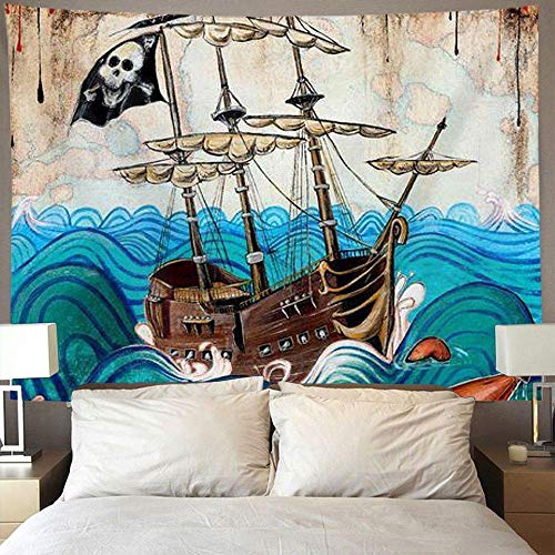 WAXB Tapisserie Octopus Piratenschiff Wandteppich Hippie Arty Wandbehang Wohnkultur Picknickmatte Strandtuch Vorhang Tischdecke Schlafzimmer Zimmer Wohnkultur Geschenk 51X59 Zoll von WAXB