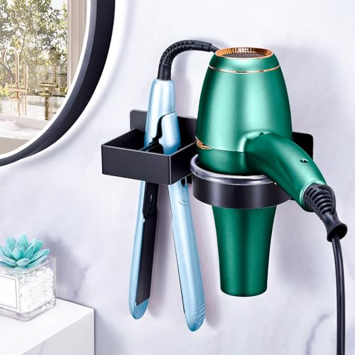 WAYASI Glätteisen Halterung Ohne Bohren, Föhnhalter Wand, Föhn und Glätteisen Halterung Aufbewahrung, Fönhalterung Wandhalterung, Halterung für Fön, Selbstklebend Haartrocknerhalter (Schwarz) von WAYASI