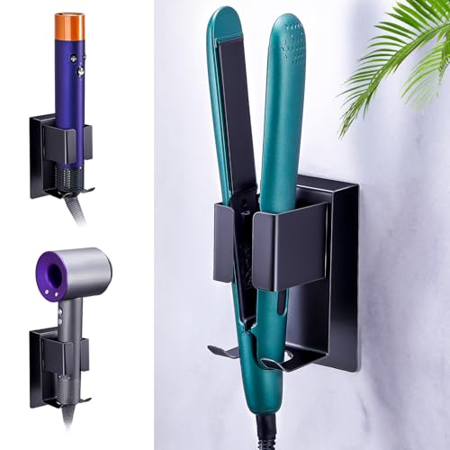 WAYASI Glätteisen Halterung Ohne Bohren, Föhnhalter Wand, Schwarz Föhn und Glätteisen Halterung Aufbewahrung, Fönhalterung Wandhalterung, Lockenstab Halterung für Fön, Selbstklebend Haartrocknerhalter von WAYASI