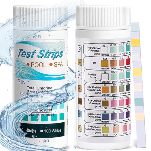 100 Stück Pool Teststreifen, 7 in 1 Pool und Schwimmbad Teststreifen Pool Tester Wassertester Poolwasser Teststreifen, für Freies Chlor, Brom, Alkalinität und pH-Wert von WAYBWZDQ